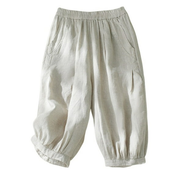 XFLWAM Womens Linen Cotton Shorts Summer Casual Short Pants Capris High Elastic Waist Pants Loose Fit Trendy Beach Lounge Pants