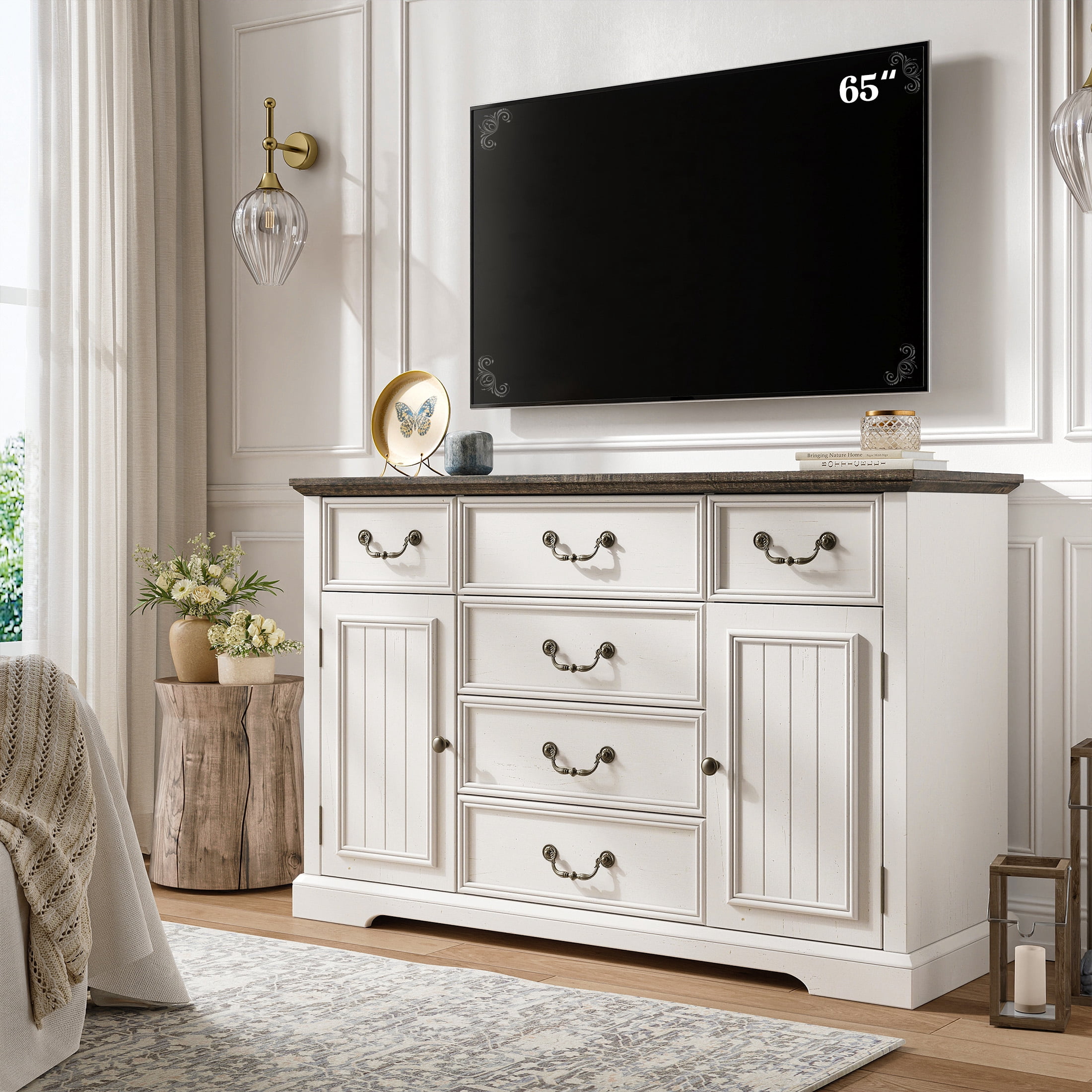 EnHomee 6 Drawers Dresser with Barn Door,Wooden White Dressers for Bedroom,Chest of Drawers for Living Room Entryway Hallway,47.2" Wx33.5 H x15.7 D