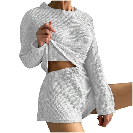 

ShomPort Pajamas Set for Women Lounge Sets Long Sleeve Top and Shorts 2 Piece Outfits Loose Soft Loungewear Sets