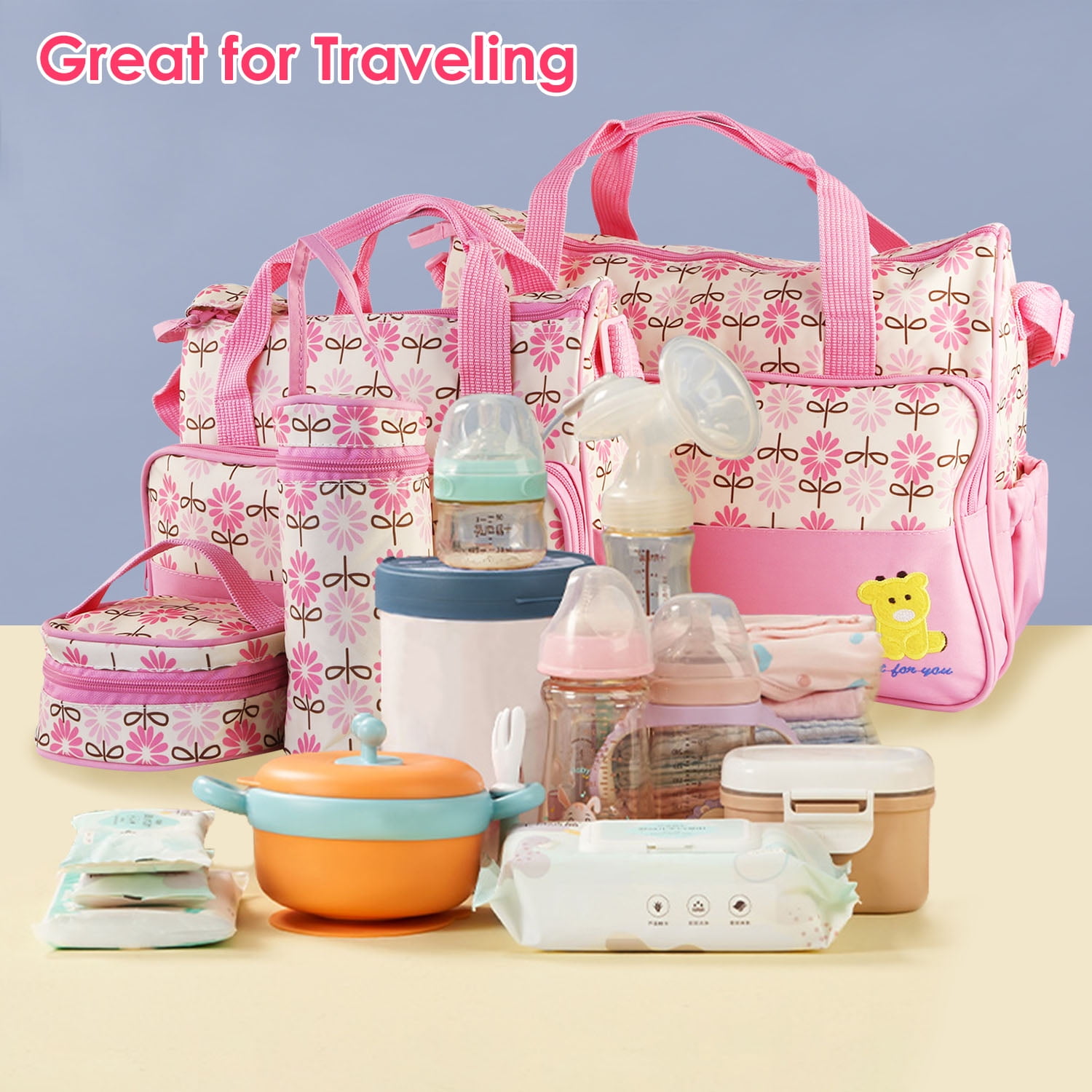 Imountek 5Pcs Diaper Bag Tote Set, Baby Diaper Bag Set with Changing Pad, Insulated Pockets, Water-Resistant Travel Tote for Mom and Dad, Pink