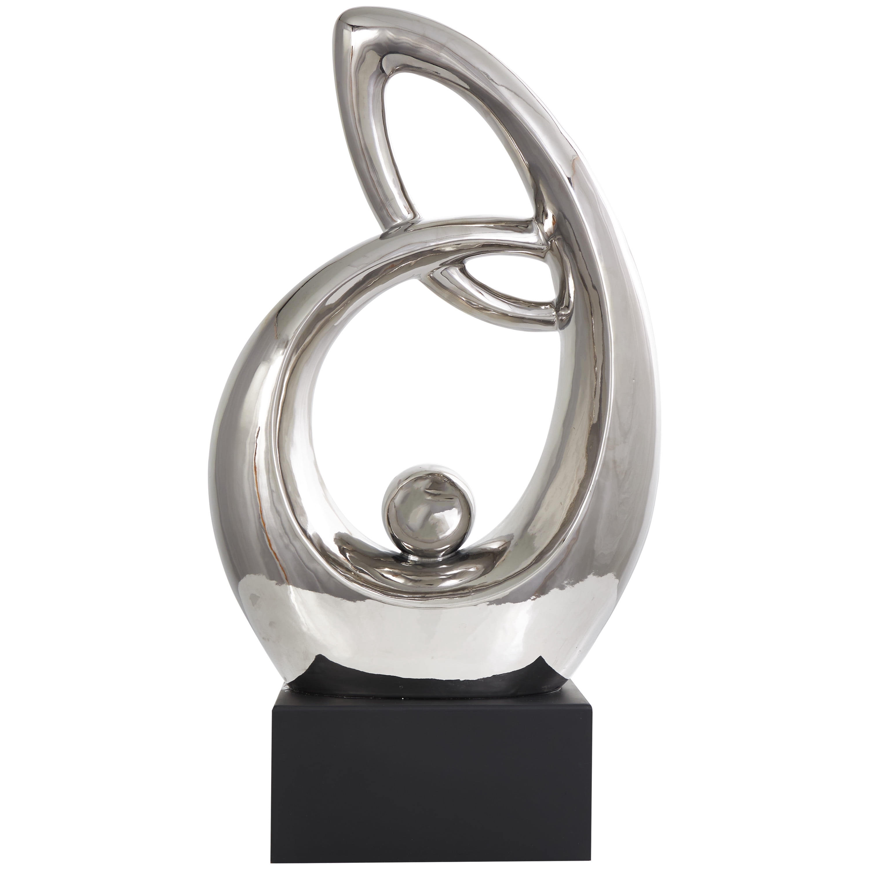14" x 25" Silver Ceramic Looped Abstract Sculpture with Black Block Base, by DecMode