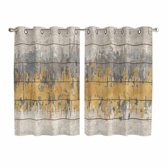 Yellow Grey Abstract Kitchen Curtains Window Panels, Gradient Geometric Graffiti Retro Wooden Insulated Window Treatment Curtain, Grommet Curtains for Bedroom/Living Room/Bathroom, 2 Piece 52"Wx63"L