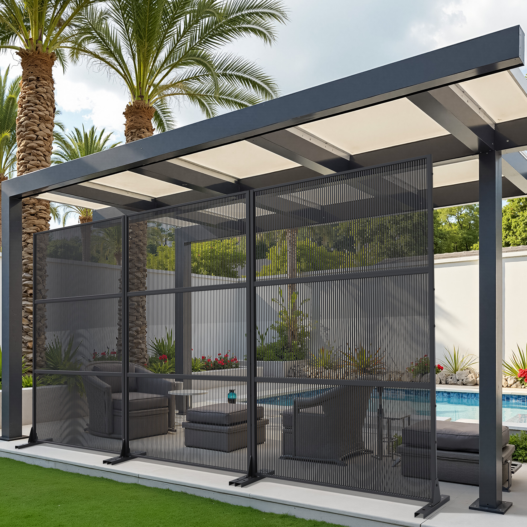 MAYEERTY 72×47" Outdoor Black Rattan Privacy Panel Screen for Backyard & Garden, Horizontal Striped Pattern