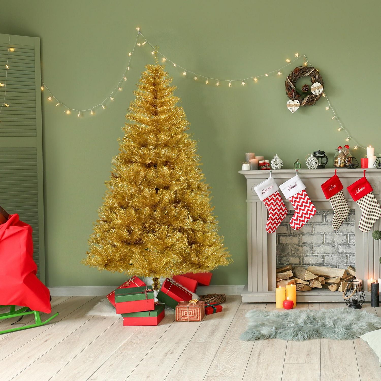 HOMCOM Arbre de Noël artificiel doré de 1,8 m pour décorations de fête de carnaval avec 1000 embouts de branche pour une utilisation en intérieur.