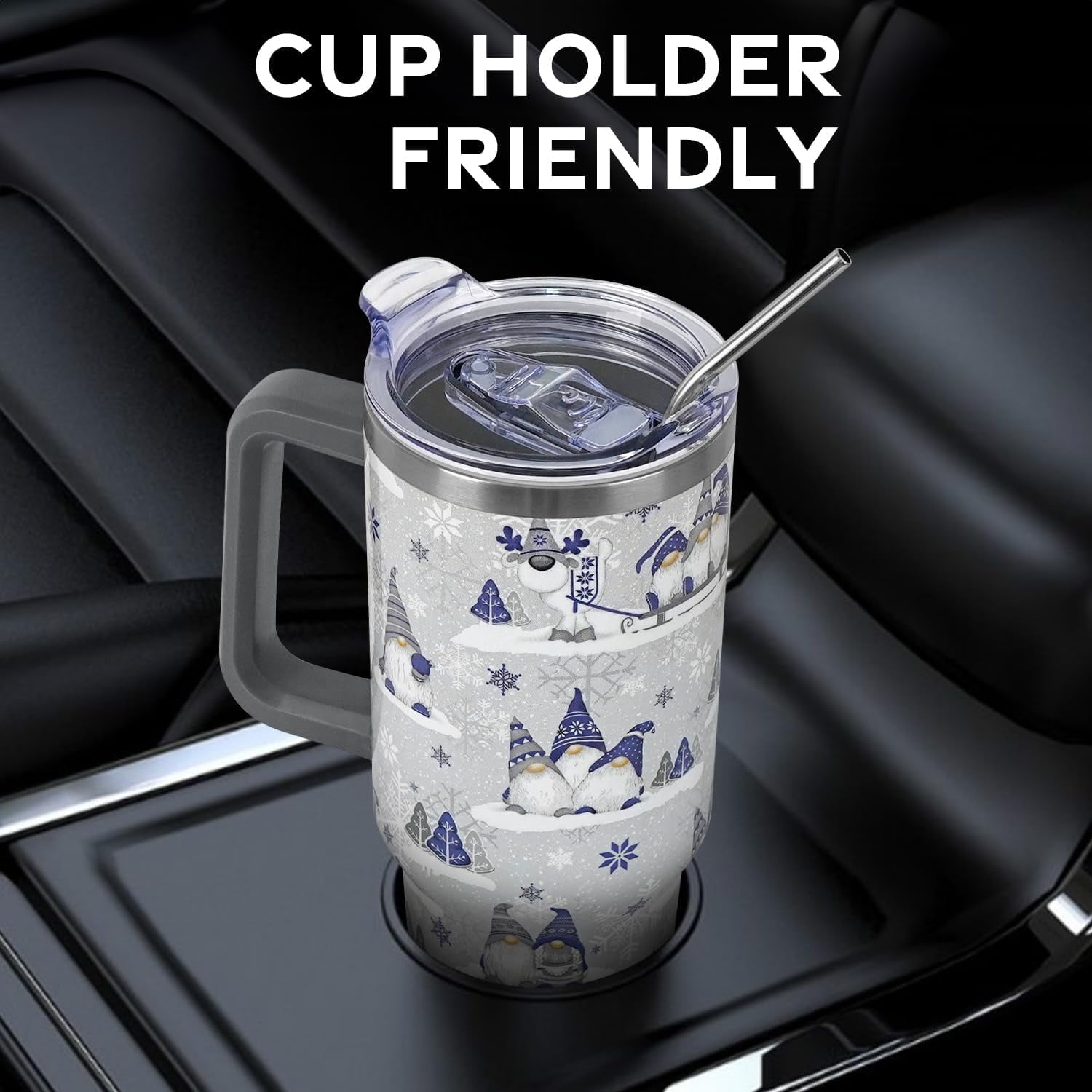 Christmas Gifts 40 oz Tumbler with Handle and Straw Lid,Cute Gifts for Women Winter Gnome Vacuum Insulated Leak Proof Tumbler,Holiday Accessories Stainless Steel Coffee Cup Mug (Blue)