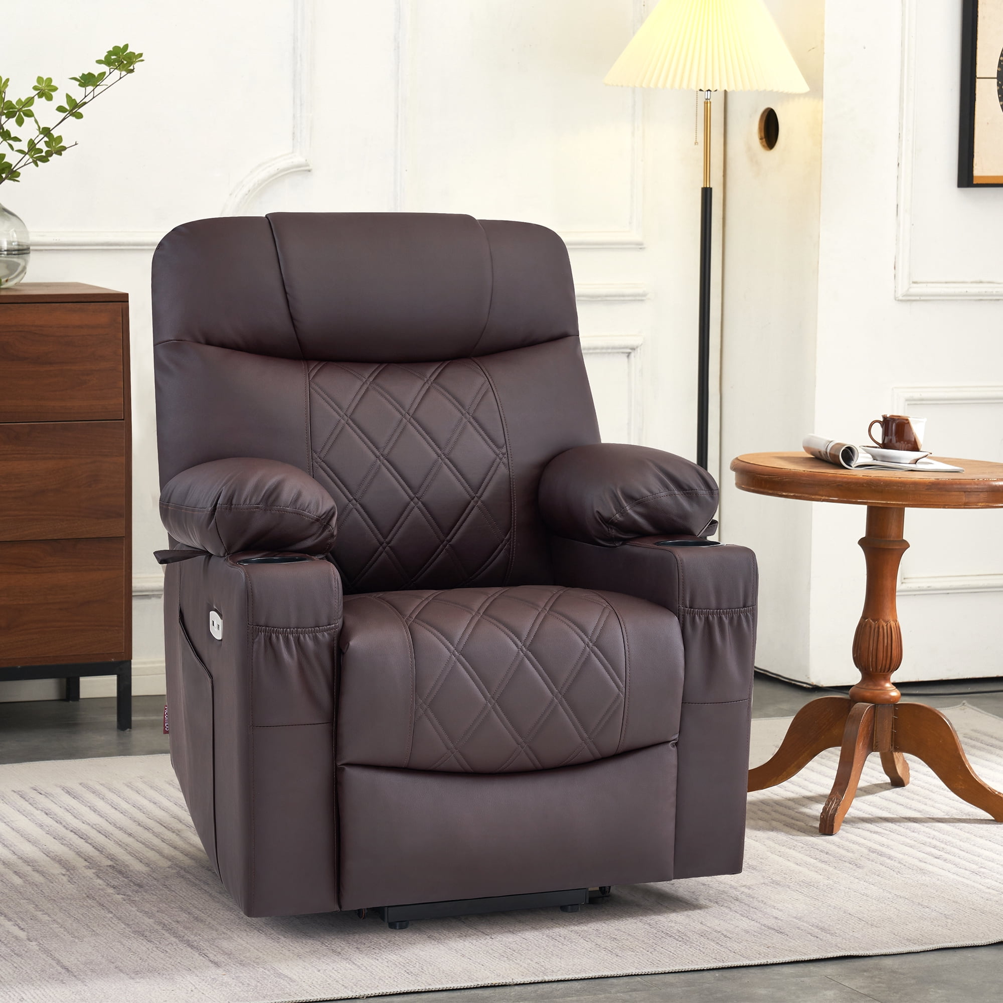 MCombo Small Size Electric Power Lift Recliner Chair Sofa with Massage and Dual Heating, Adjustable Headrest for Elderly People Petite, USB Ports, Extended Footrest, Faux Leather 7111 (Dark Coffee)