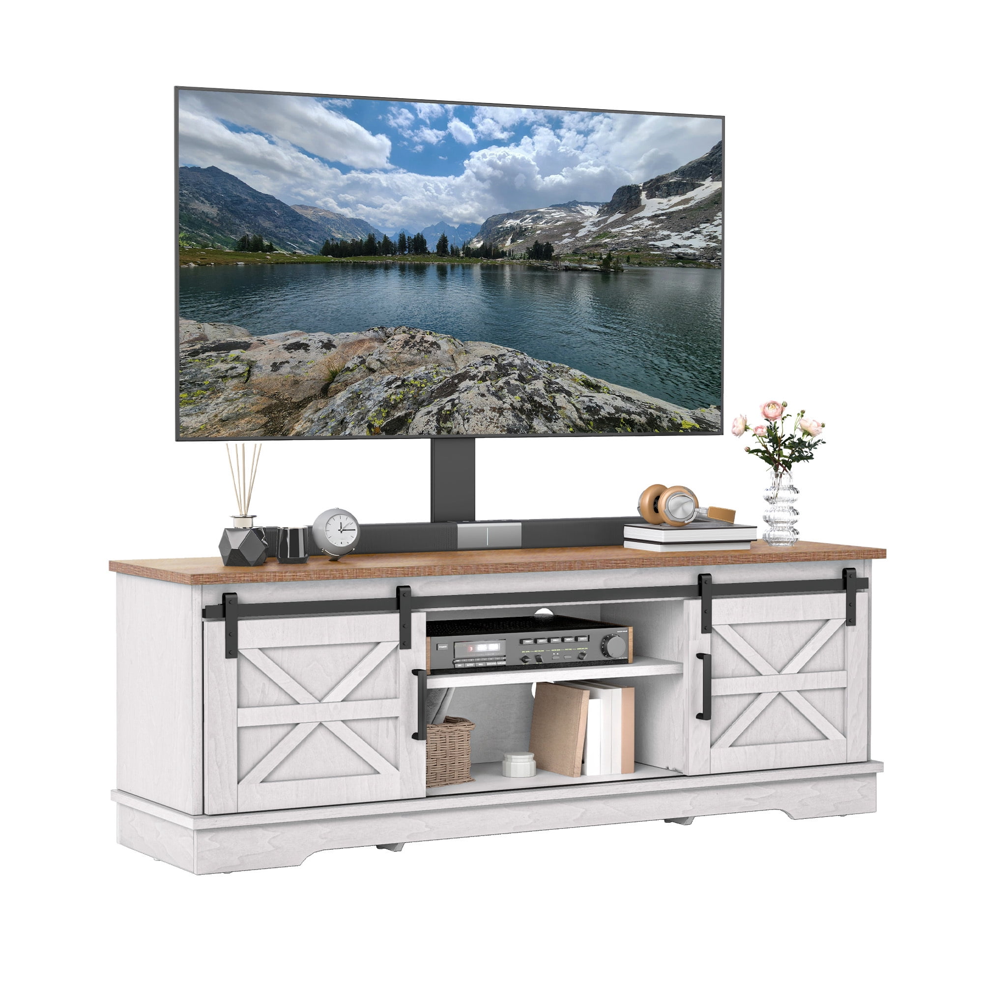 Uforic Farmhouse TV Stand with Mount for 32-70" TVs, Media Console Cabinet with Barn Doors, White
