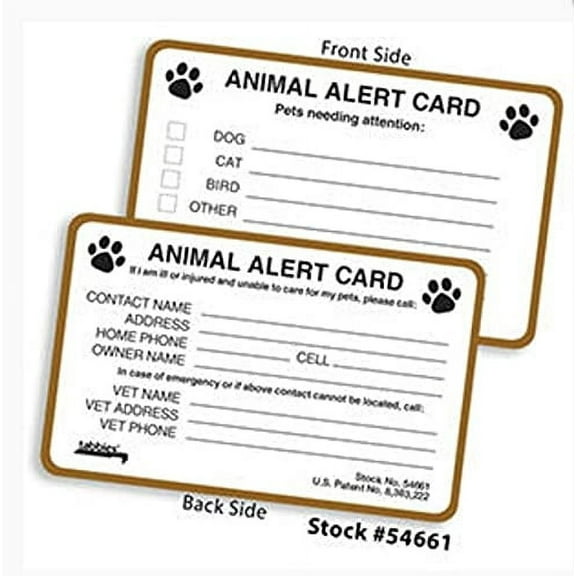 100 Per Box. Animal Alert Emergency Card. Self-Laminating to Seal in Written Information & Eliminate Smudging.Color: Brown. Tag Size: 2 1/8" x 3 3/8".