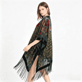 thumbnail image 2 of WeHello Women's Green Peacock Print Boho Velvet Kimono, Fringe Open-Front Beach Cover-Up Shawl for Vacation, 2 of 9