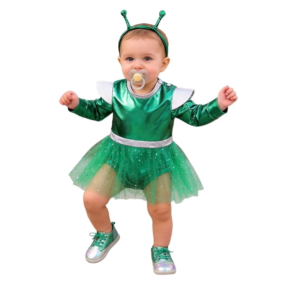 TiaoBug Toddler Baby Girls Alien Outfit Metallic Bodysuit Long Sleeve Tutu Dress with Headband Green 5T