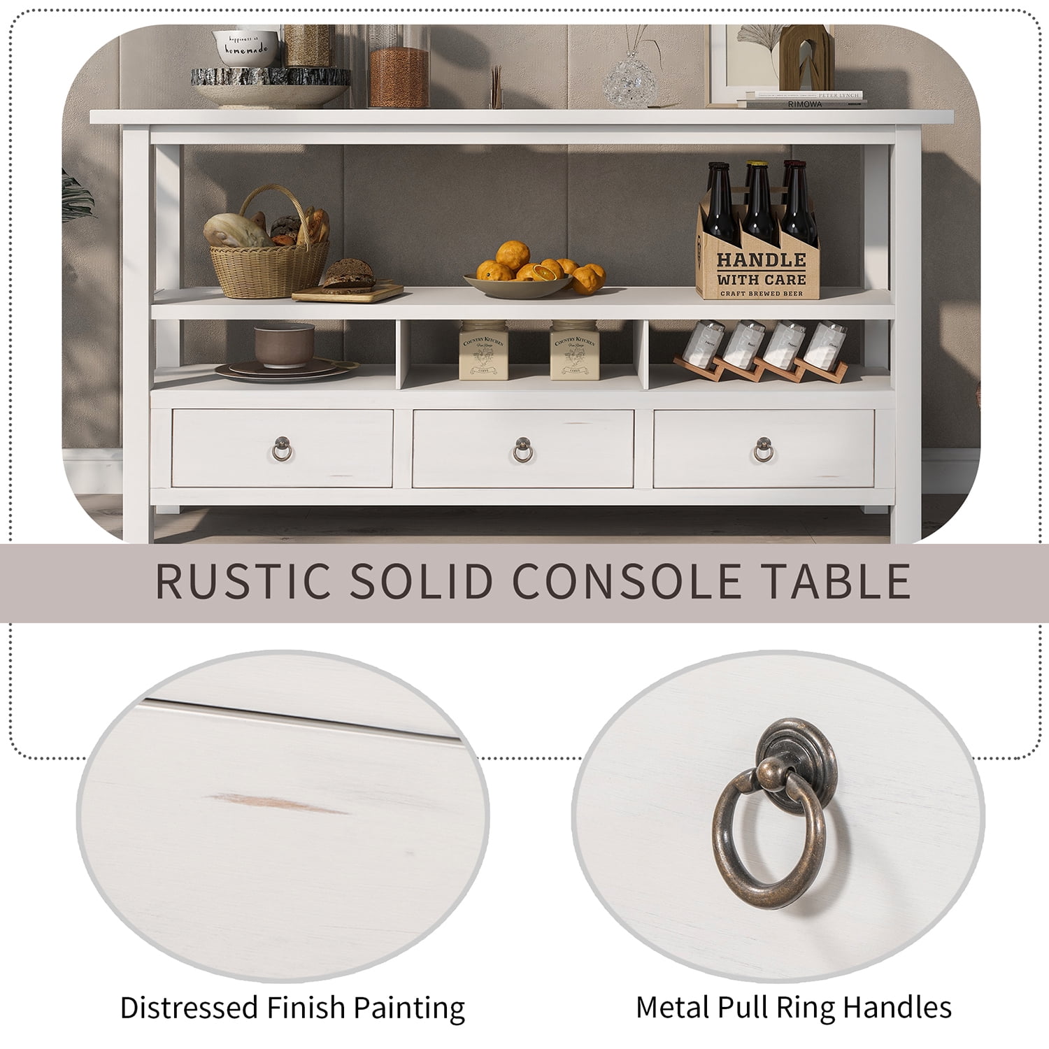 Kadyn Solid Wood Console Table, Sofa Console Table with Three Drawers and Double-Storey Tabletop, Classic Accent Table for Living Room, Antique White Kadyn Solid Wood Console Table, Sofa Console Table with Three Drawers and Double-Storey Tabletop, Classic Accent Table for Living Room, Antique White