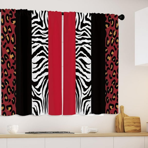 Red Black Leopard Cheetah Print Kitchen Curtains Splice Wild Animals Printed Bathroom Window Curtains Treatment Drapes Leopard Texture Room Decor Cafe Small Bedroom Short Curtains 26x36 Inch