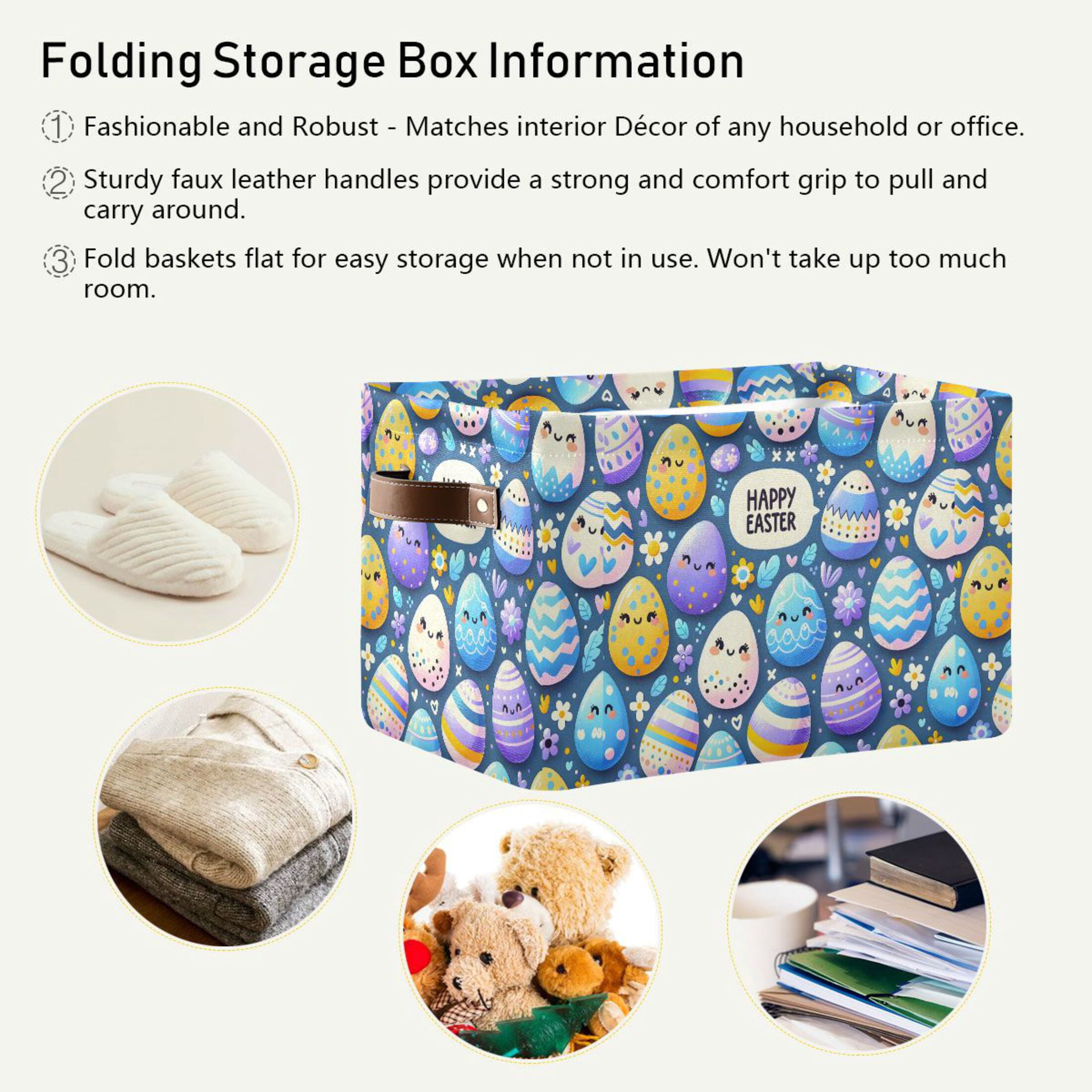 Easter Cute Egg Storage Bins with Handle Fabric Organizer Basket Foldable Box 2 Pack 14.2x10.2x8.3