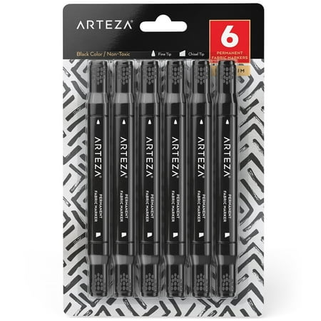 Arteza Fabric Markers, Black Color, Permanent Dual-Tip Fabric Pens (Set of