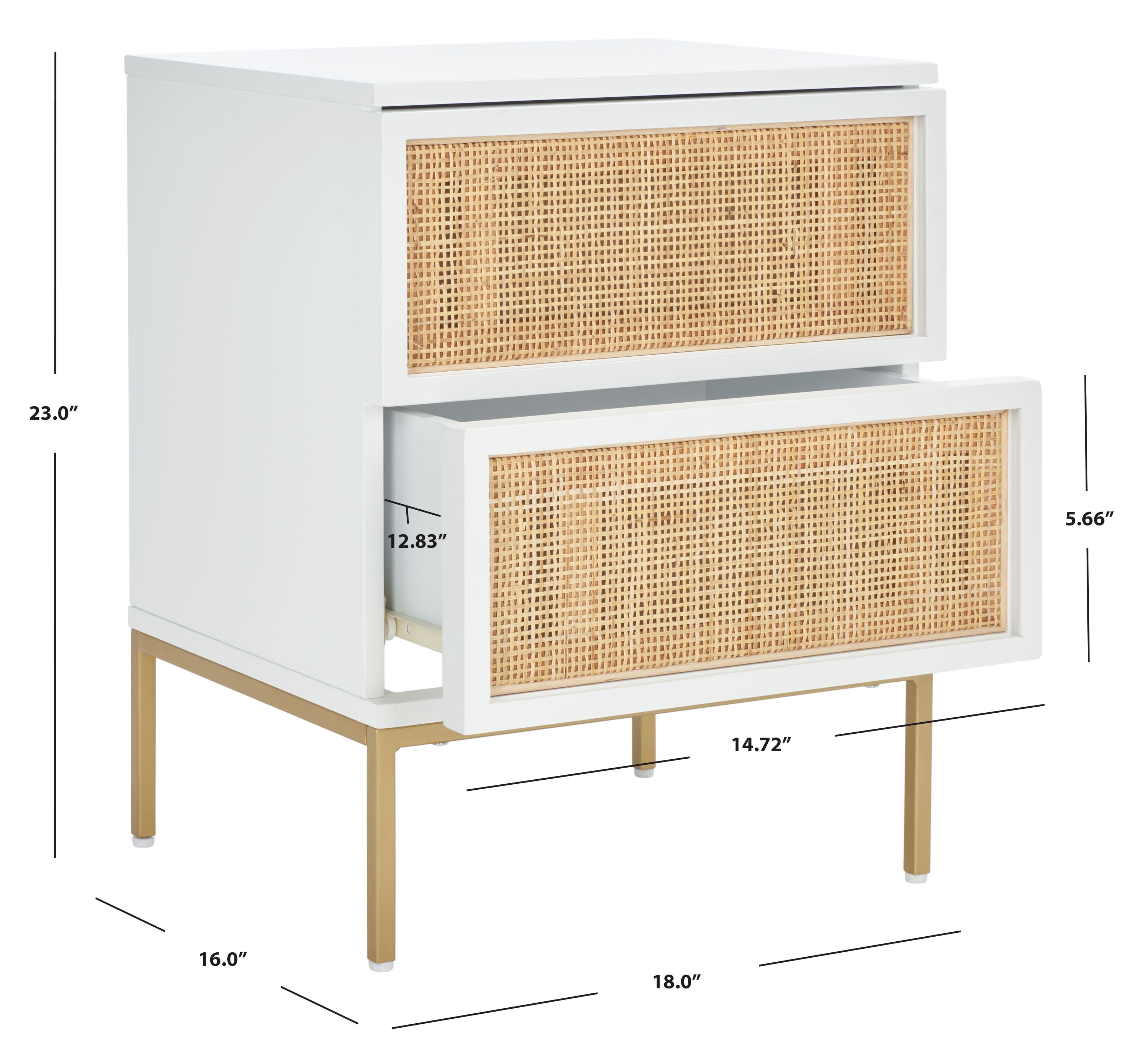 SAFAVIEH Zadie 2 Drawer Rattan Nightstand, White w/ Natural Rattan/Gold Legs