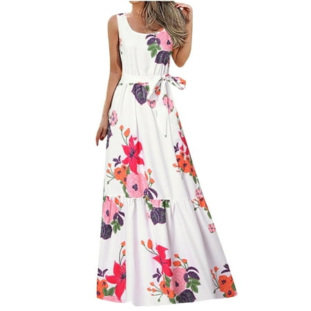 

Ersazi Women Sleeveless Round-Neck Knee-High Dress Women Summer Sleeveless Tank Dresses Beach Floral Print Casual Loose Long Dress With Belt Green Maternity Dress
