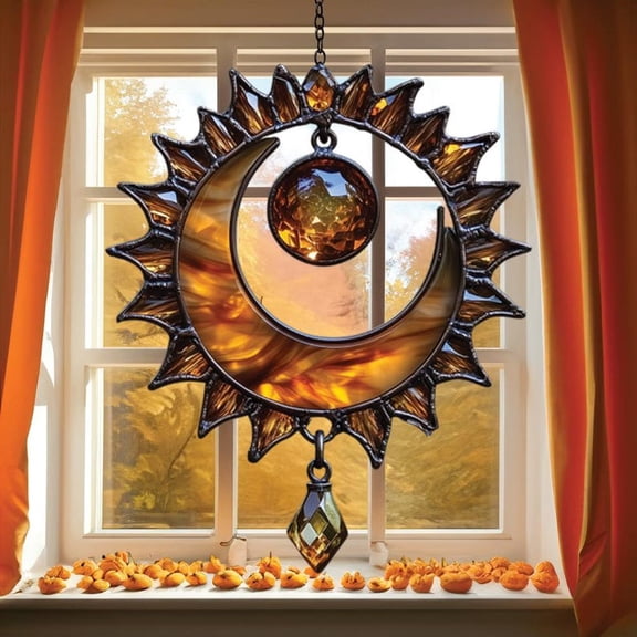 Amber Crescent Moon Acrylic Suncatcher – Solar Sunburst Faux Stained Glass Window Hanging ,Celestial Sun Moon, Cosmic Boho Gift