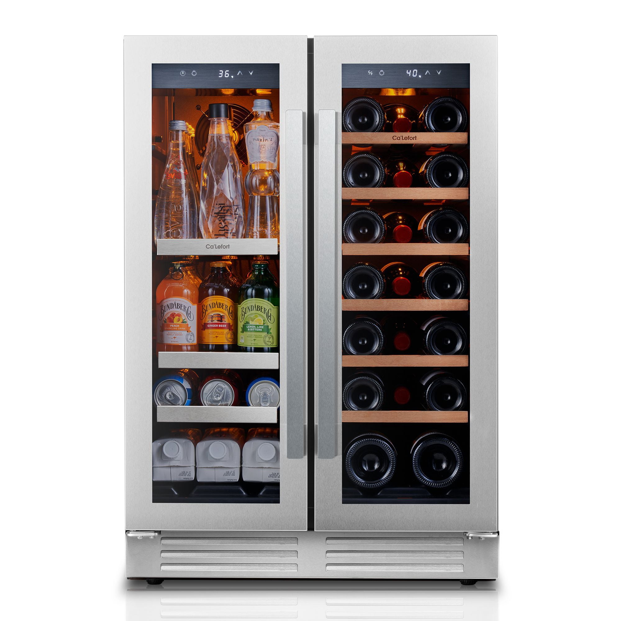 Ca'Lefort 24 inch Wine and Beverage Refrigerator, Hold 60 Cans and 21 Bottles Dual Zone Wine Fridge with Glass French Door, Built-in or Freestanding