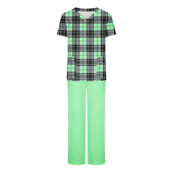 Xfvqtps Scrubs for Women Plaid Scrub Tops Drawstring Scrub Pants Set Solid Color Short Sleeve V-Neck T-shirt Long Working Pants Suit Green
