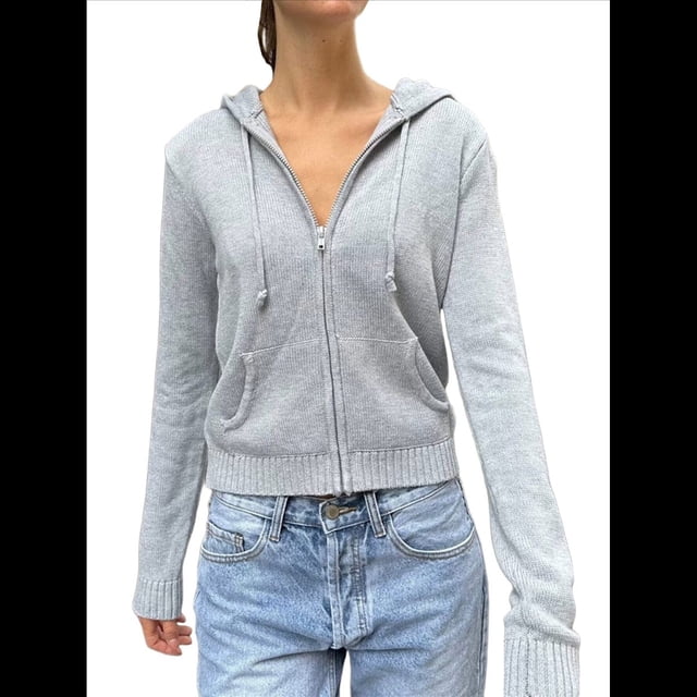 Sudadera de Punto Corta con Cremallera para Mujer, Sudadera con Capucha para Otoño e Invierno, Abrigo Estilo Y2K de los Años 90, Ropa de Calle. Gris L