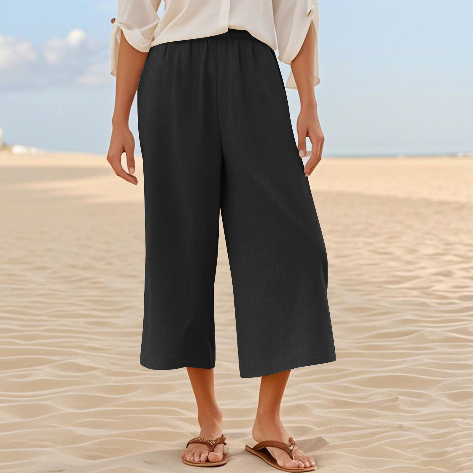 Pantalon Large Femme Coton Lin – Taille Élastique Avec Cordon, Coupe Ample Palazzo Décontracté, Idéal Plage Vacances Été