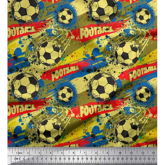 Soimoi Yellow Silk Fabric Brush Stroke & Football Sports Print Fabric by the Yard 42 Inch Wide