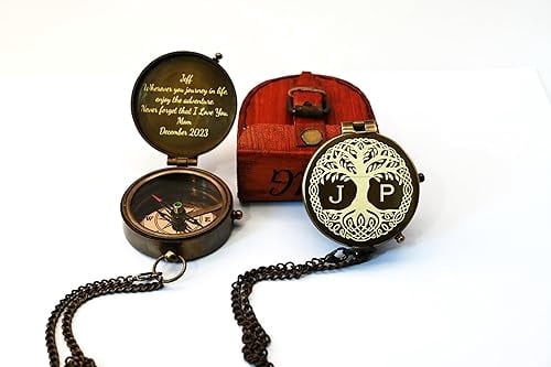 Personalized Vintage Nautical Compass Gift - Small Pocket Antique Brass Engraved Compass For Men Baptism, Birthday, Anniversary Gifts For Husband, Valentine Day, Elegant Home/Desk Décor