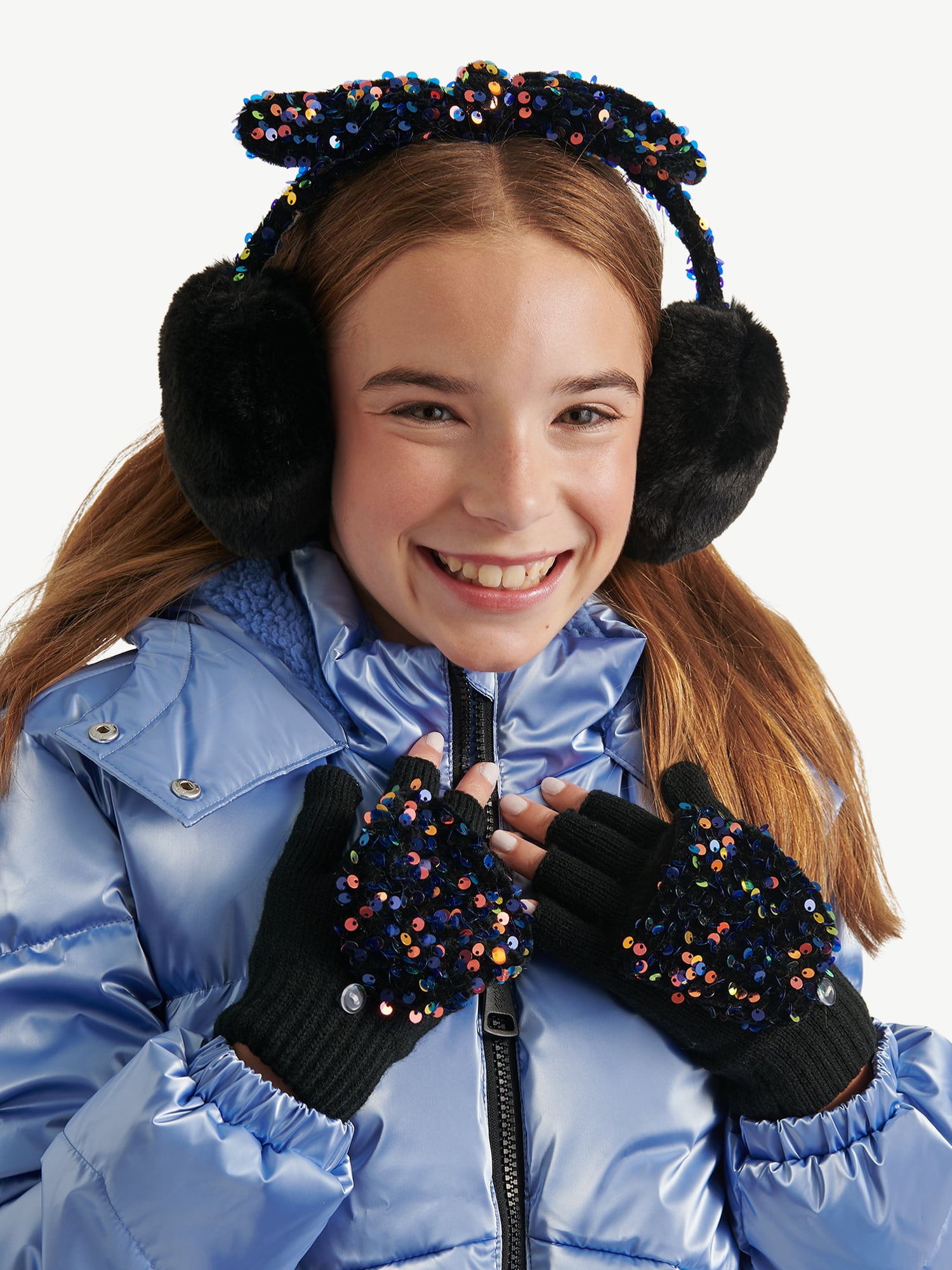 Justice Girls Velvet Sequin Bow Faux Fur Earmuff and Flip Top Glove Set, Black