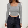 thumbnail image 2 of Women Long Sleeve Scoop Neck Shirts Casual Slim Fit Rib Knit Tops Summer Fall Basic Business Work Tee, 2 of 4