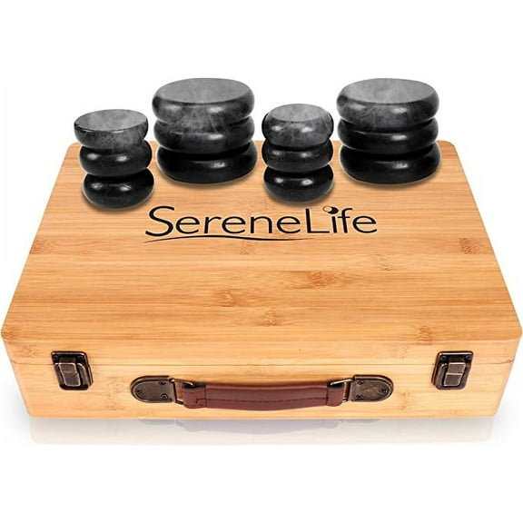 Massage Stone Heater Box Set-Electric Spa Portable Heated Rocks Massage Stones and Warmer Set - Heat Rock Massaging Kit 12 Large/Small Black Stone Set w/Bamboo Heating Case-SereneLife PSLMSGST65.5