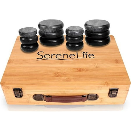 Massage Stone Heater Box Set-Electric Spa Portable Heated Rocks Massage Stones and Warmer Set - Heat Rock Massaging Kit 12 Large/Small Black Stone Set w/Bamboo Heating Case-SereneLife PSLMSGST65.5