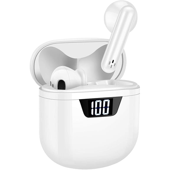 True Wireless Earbuds Bluetooth Headphones HiFi Stereo Sound Noise Cancelling Touch Control 24H Playtime with LED Display Charging Case IPX7 Waterproof Headsets for Running and Gym,White