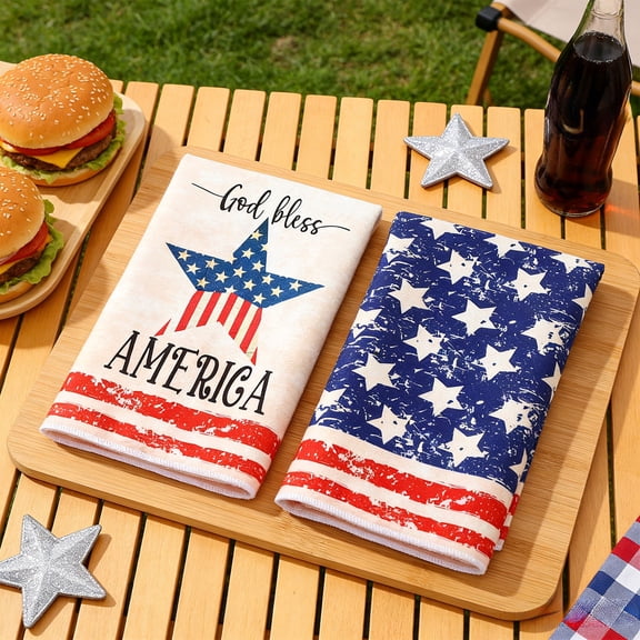 Wzzjkit Kitchens Towel American Flag Stars 4th of July Dish Towels, 18x27 Inch Patriotic Memorial Day Decoration Hand Towels Set of 2