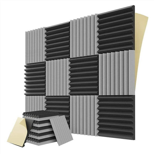Paquete de 12 Paneles de Espuma Insonorizados con Autoadhesivo, Paneles de Pared Acústicos Insonorizados de 1 X 12 X 12 Pulgadas para Juegos y Estudios, Negro y Gris