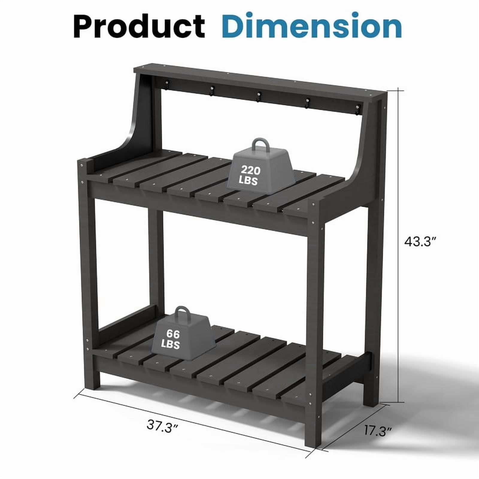 Howcool HDPE Outdoor Potting Bench with Storage & Hooks, 3-Tier Heavy-Duty Garden Workstation Table, All-Weather Potting Table for Patio & Backyard, Grey