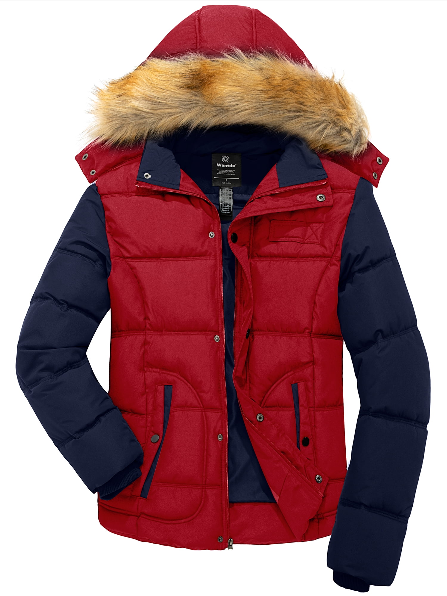 Wantdo Men's Winter Puffer Coat Fur Hood Warm Outwear Jacket Red Size