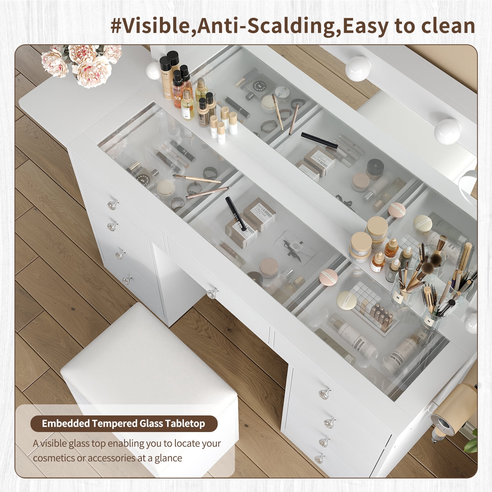 Make-up table, equipped with power socket, 9 drawers, 12 LED lights in the mirror, 3 lighting modes, glass tabletop and stool, foldable panel.