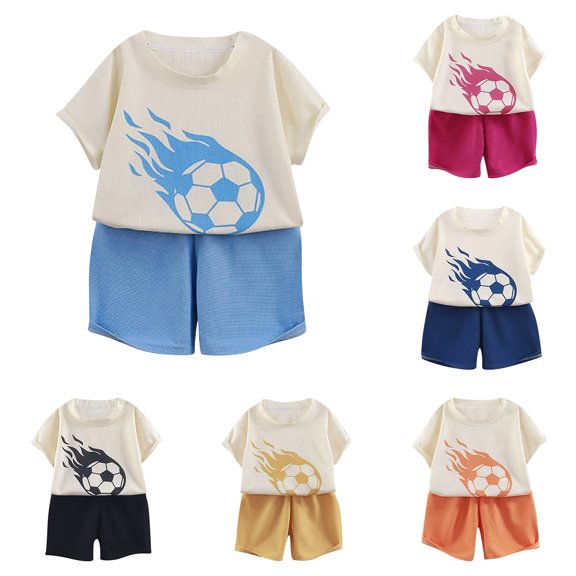 Letdown Toddler Boys Soccer Print Outfits Crew Neck Short Sleeve Tee Shirts and Solid Color Comfortable Shorts Activewear Two Piece Set Summer Clothes Outfits 3-12 Years Outdoor Wear