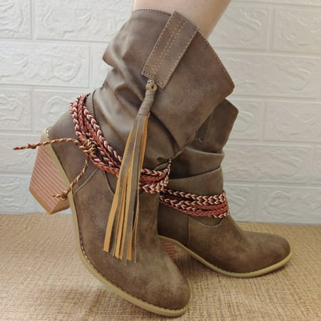

YOTAMI Shoes for Women Sleeve Women s Winter Solid Color Vintage Tassel Tied Sleeve Heel Ankle Boots Khaki