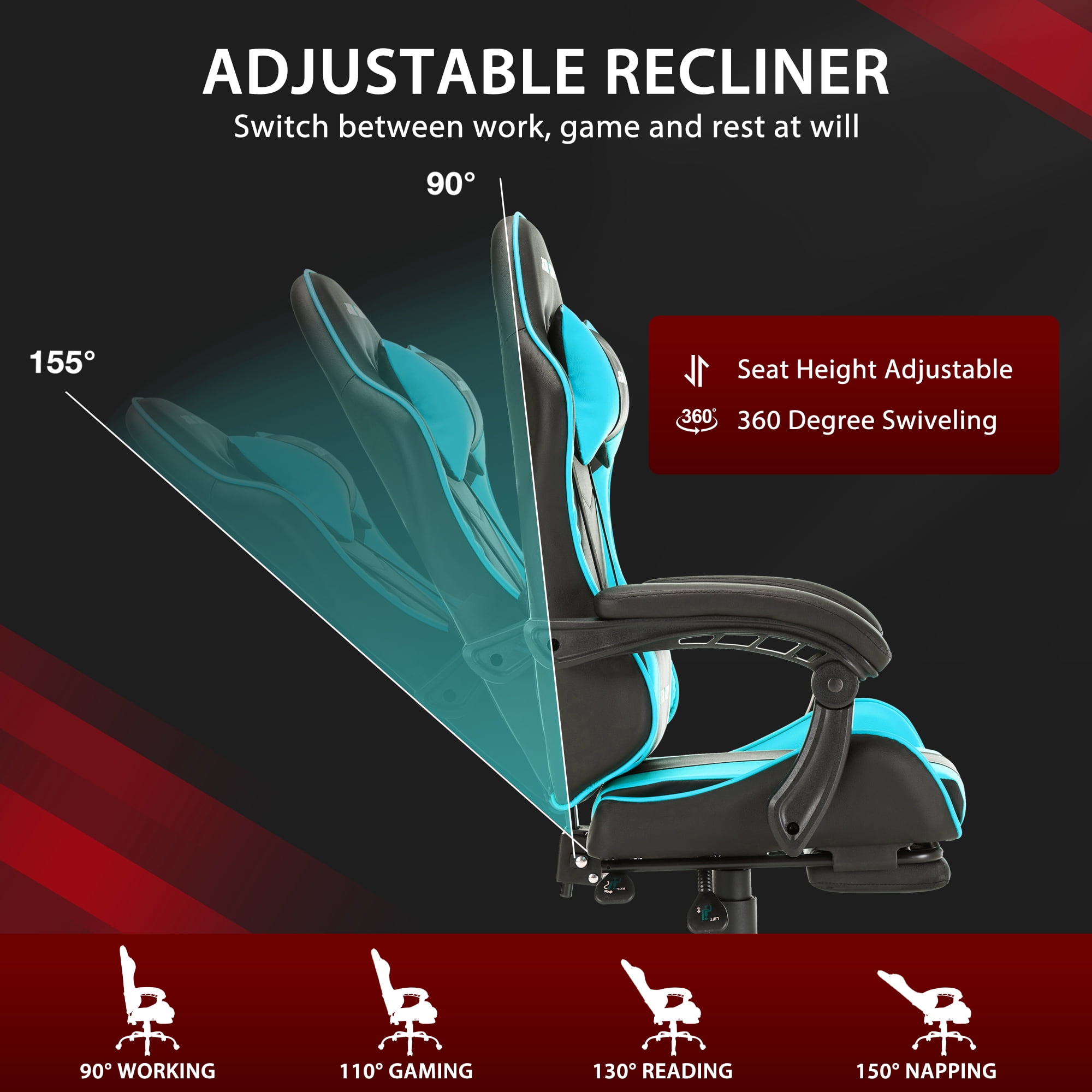 JONPONY Big and Tall 400LBS Gaming Chair, Ergonomic Design, Gamer Chair PU Leather with Footrest and Lumbar Support, High Back Office Chair Support 8 Hours Long Sitting, Computer Chair,Blue