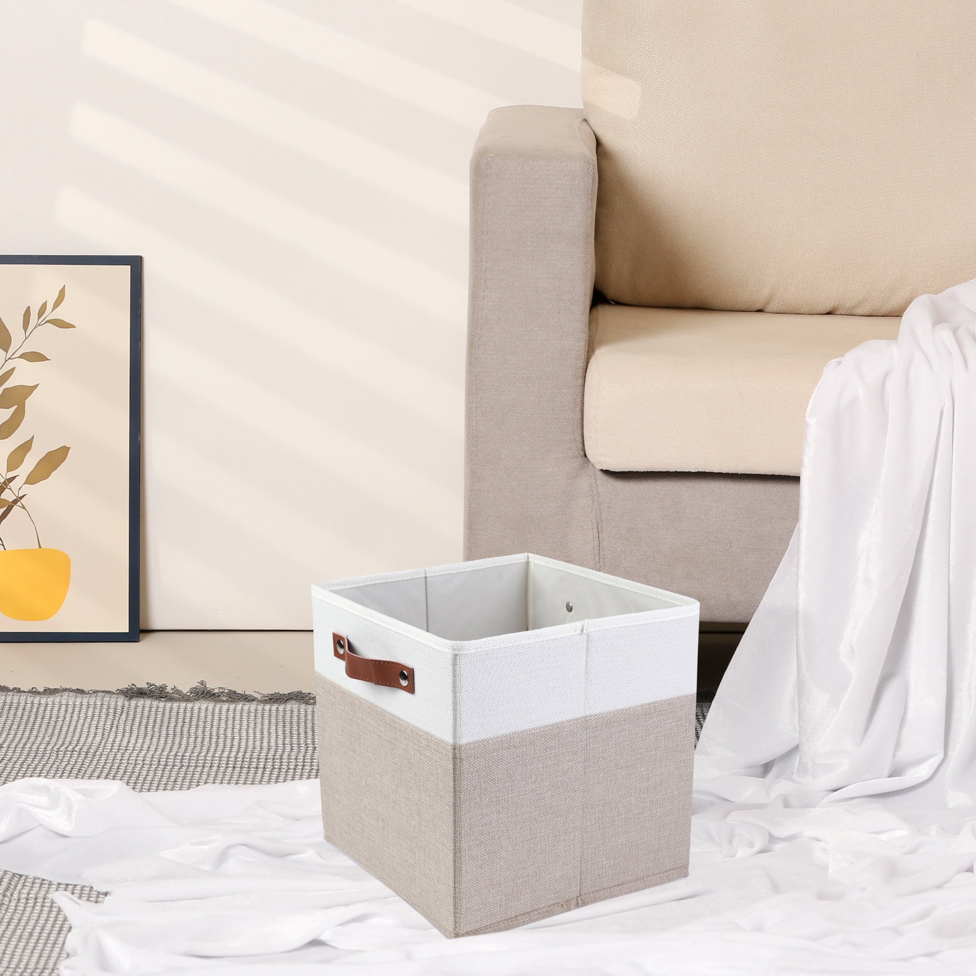 Unique Bargains Storage Cube Fabric Storage Bin with Handles Khaki 11.8*11.8*11.8in