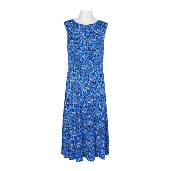 London Times Crew Neck Sleeveless Ruched Front Multi Print Zipper Back Banded Waist Fit & Flare Matte Jersey Dress-BLUE WHITE / 4