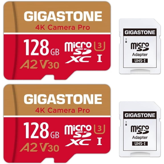 Gigastone 128GB Micro SD Card, 4K Video Recording, 4K Camera Pro, compatible with Nintendo Switch, Dash Cam, GoPro Cameras, R/W up to 100/50 MB/s, Micro SDXC UHS-I A1 V30 Class 10, 2 Pack (2x128GB)