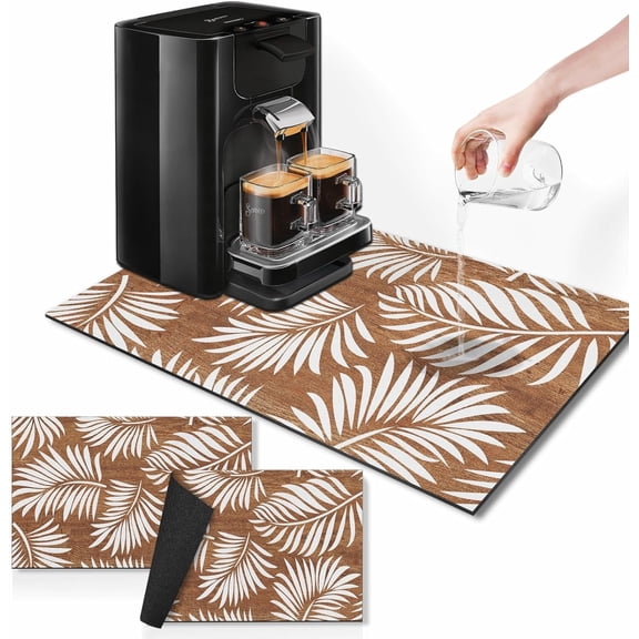 Coffee Mat for Countertops, Summer Leaves Vintage Brown Dish Drying Mat 2 Pcs for Kitchen Coffee Bar Accessories, Coffee Maker Espresso Machine Dish Rack Hide Stain Rubber Backed 12x19in