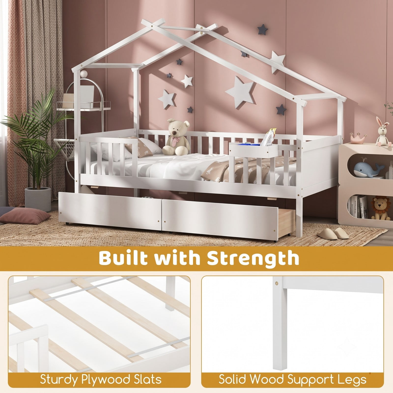 Furnibear Twin House Bed Frame with 2 Storage Drawers, Montessori Floor Bed with Roof Frame and Fence Rails for Kids Room, White