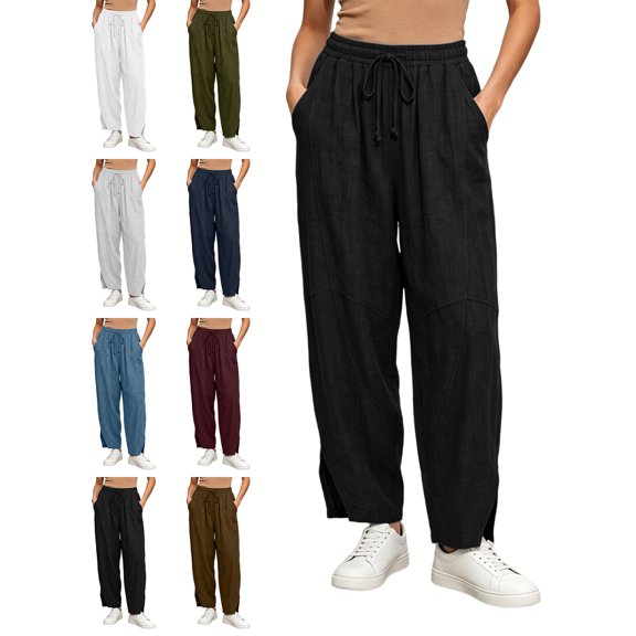 Pants for Women with Pockets 100% Cotton High Waisted Drawstring Slit Pants