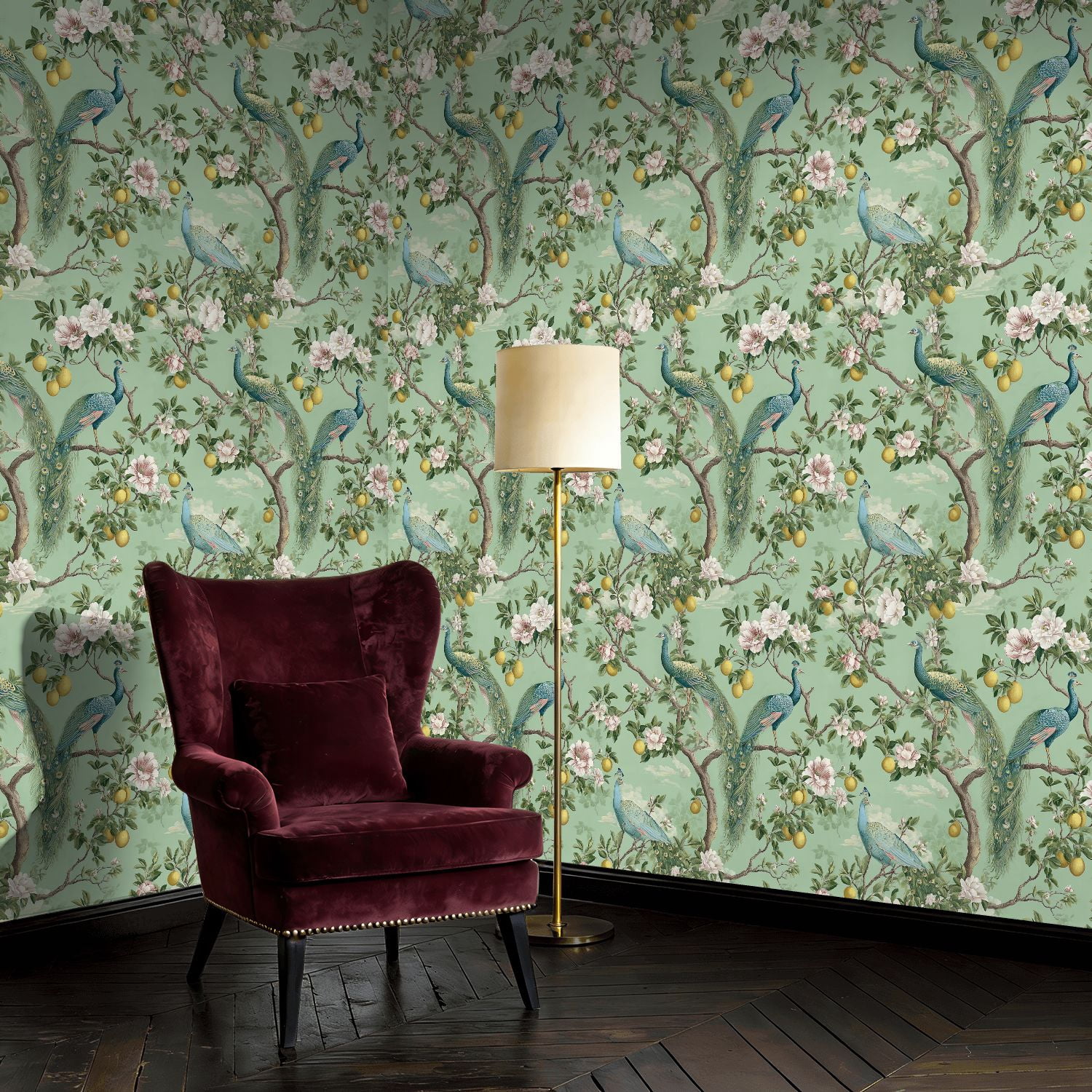 Boho Peel and Stick Wallpaper Peacock Floral Lemons Green Wall Mural 17.7in x 9.8ft Self Adhesive Removable Wall Paper Renter Friendly Wallpaper for Bedroom Kitchen Farm