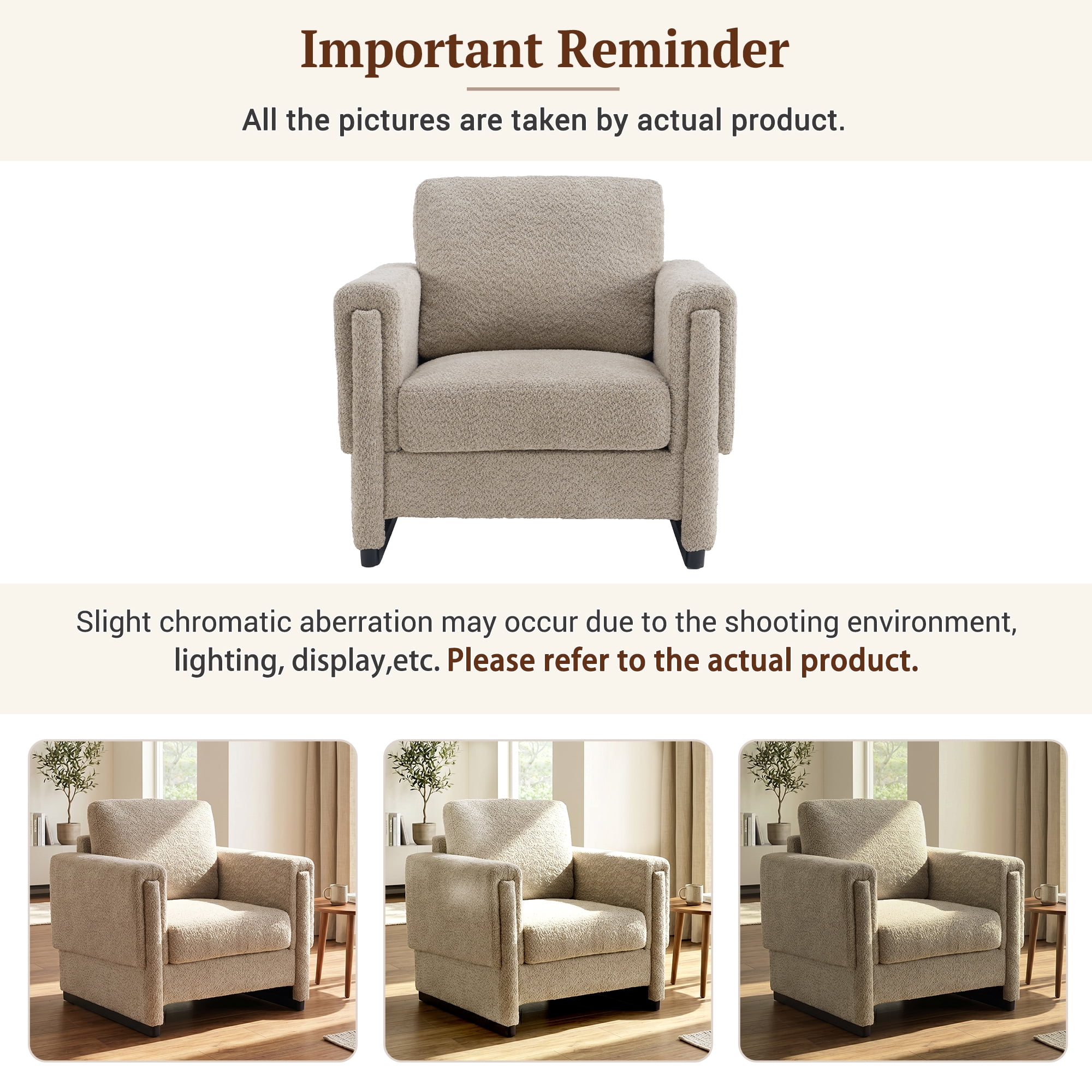 Euroco Modern Upholstered Accent Chair with Armrests, Boucle Fabric Armchair Comfy Reading Chair with Solid Wood Legs & Thick Cushion, Square Arm Club Chair for Living Room Bedroom Office,Brown