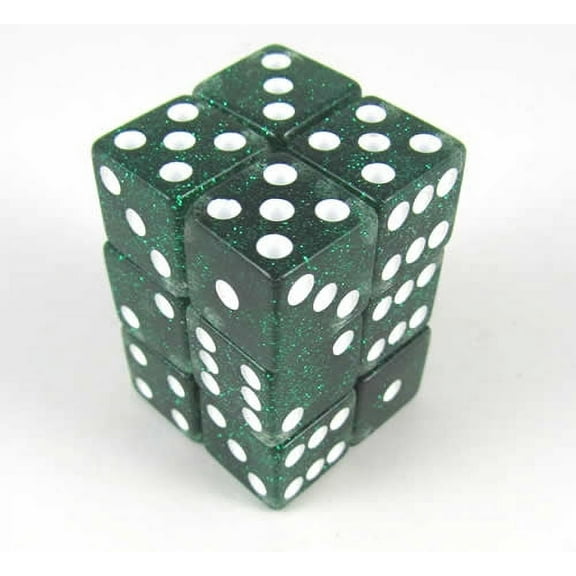 Green Gliter Dice with White Pips D6 16mm (5/8in) Pack of 12 Koplow Games