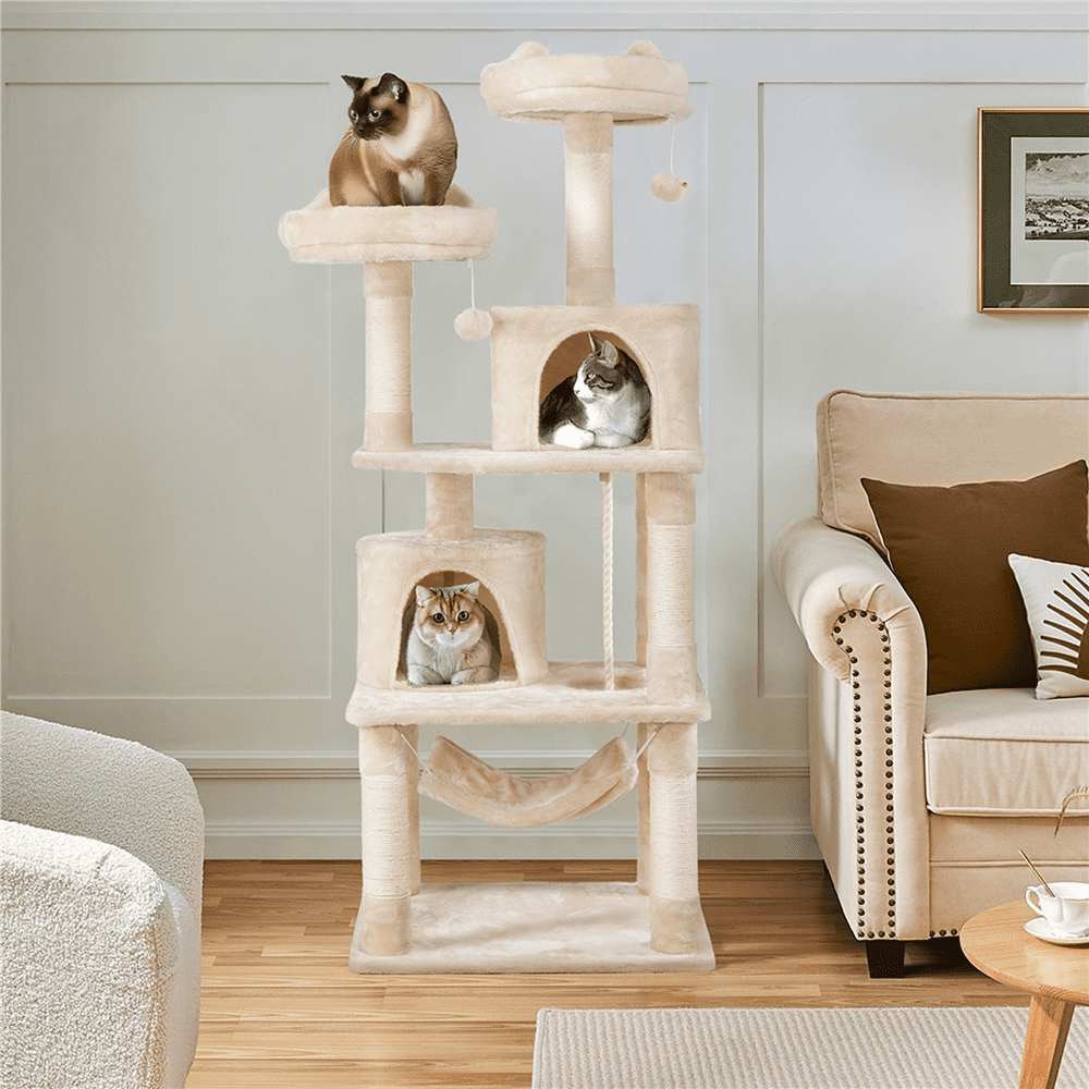 Alden Design 62" Double Condo Cat Tree and Scratching Post Tower, Beige